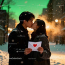 Couple Sharing a Kiss Outdoors Holding Valentine Letter