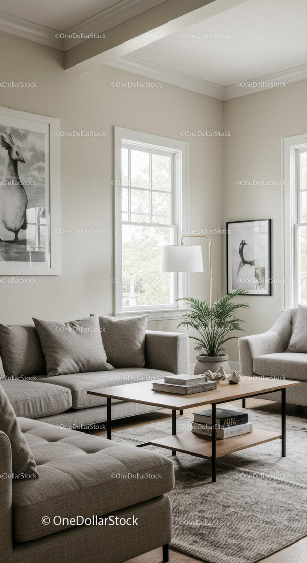 Modern Bright Living Room with Cozy Sofa and Indoor Plant
