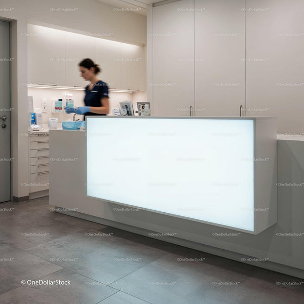 Modern medical clinic reception with staff member working JPG Mockup Image