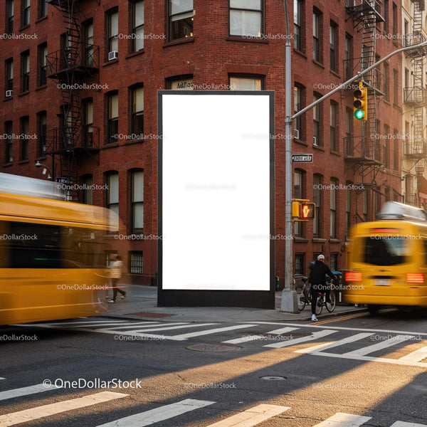 Blank Billboard on Urban Street Corner with Moving Traffic JPG Mockup Image