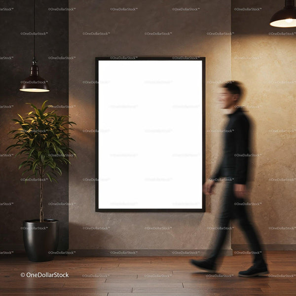Person walking past illuminated blank wall poster indoors JPG Mockup Image