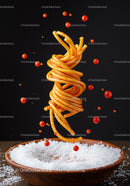 Spiral of spaghetti with floating chili sauce drops