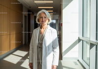Senior Female Doctor in White Lab Coat Standing in Modern Hospital Corridor