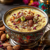 Decorative Silver Bowl with Saffron and Nutty Milk Pudding for Celebration