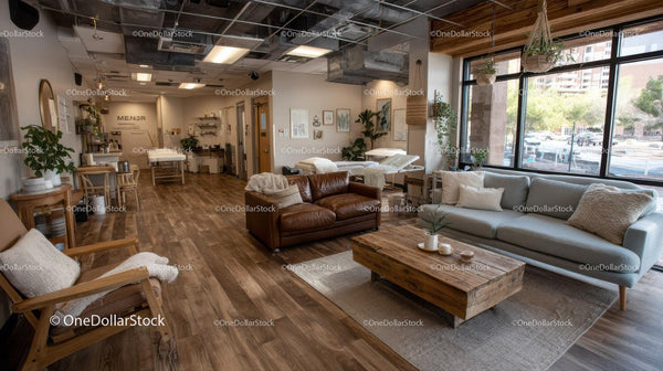 Modern Lounge with Natural Light, Wooden Flooring and Green Plants
