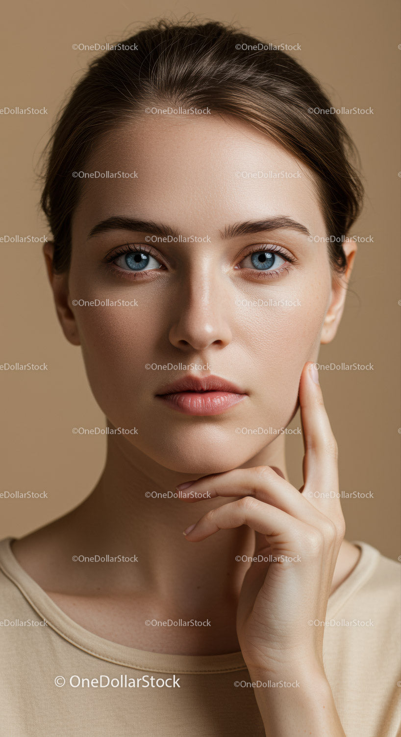 Portret młodej kobiety z niebieskimi oczami i naturalnym makijażem