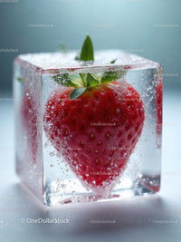 Fresh Strawberry Frozen Inside Clear Ice Cube