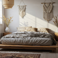 Cozy bedroom with natural boho decor and warm sunlight