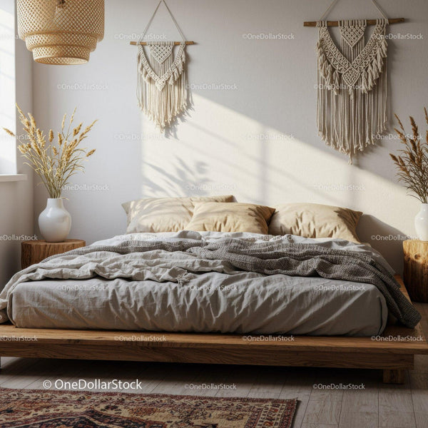 Cozy bedroom with natural boho decor and warm sunlight