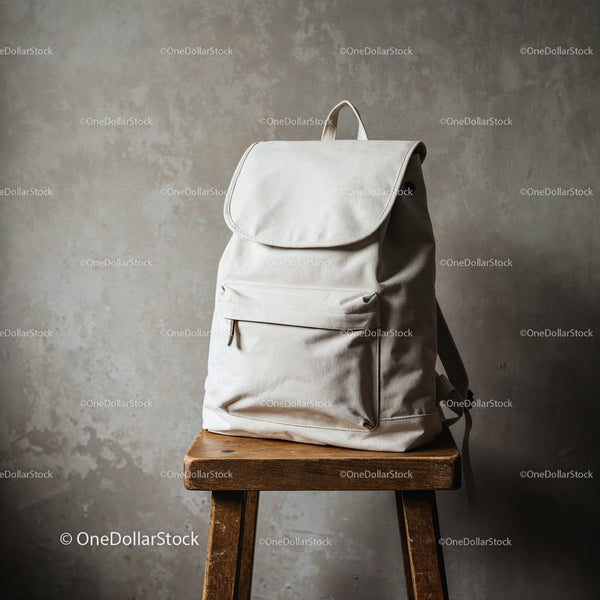 Minimalist White Backpack on Wooden Stool in Rustic Space JPG Mockup Image