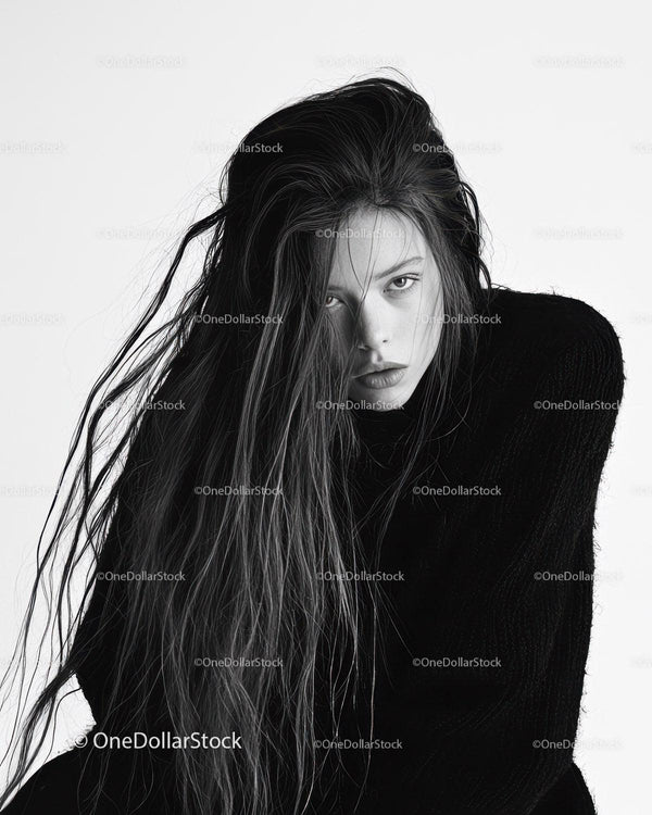 Elegant Monochrome Portrait of a Fashion Model with Striking Expression