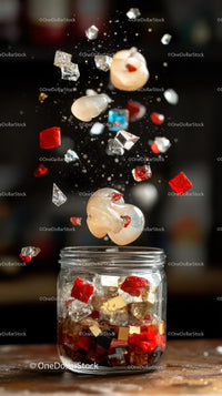Falling Sugar Cubes and Candy Pieces in Glass Jar