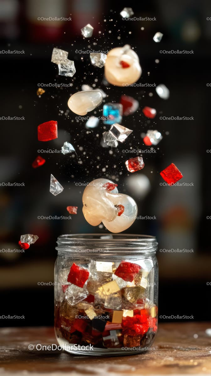 Falling Sugar Cubes and Candy Pieces in Glass Jar