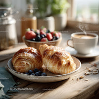 Rustic Kitchen Morning Scene with Croissants Coffee and Fresh Fruit