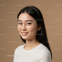 Young Woman with Glasses Smiling in Studio Portrait