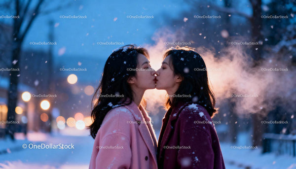 Couple Sharing a Tender Kiss in Snowy Evening