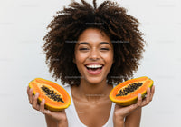 Smiling Woman with Fresh Papayas Enjoying Summer Vibe
