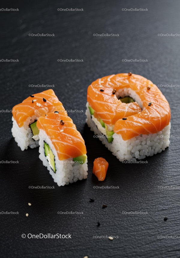 Fresh salmon sushi rolls with cucumber on dark slate