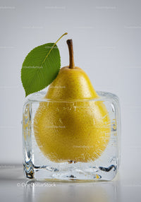 Yellow pear frozen inside clear ice cube with leaf