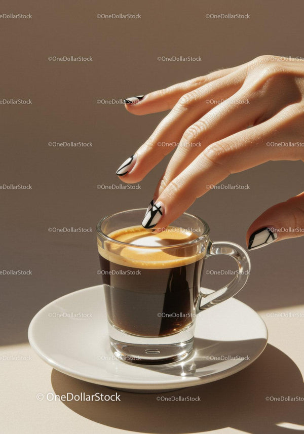 Hand with Modern Black and White Nails Reaching Espresso Cup
