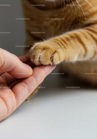 Gentle touch of a ginger cat paw with human finger