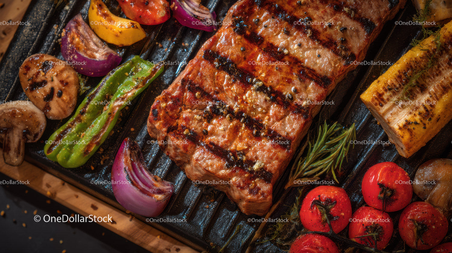 Juicy Grilled Meat with Fresh Vegetables and Herbs on Barbecue Grill