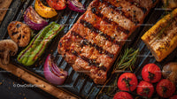 Juicy Grilled Meat with Fresh Vegetables and Herbs on Barbecue Grill