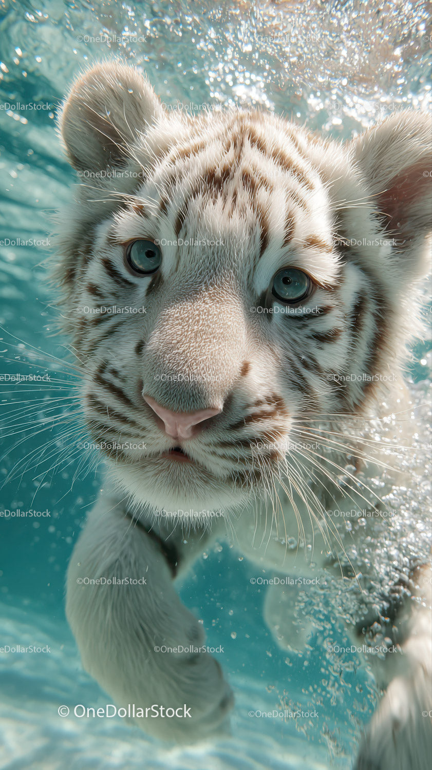 White tiger cub swimming underwater with piercing blue eyes