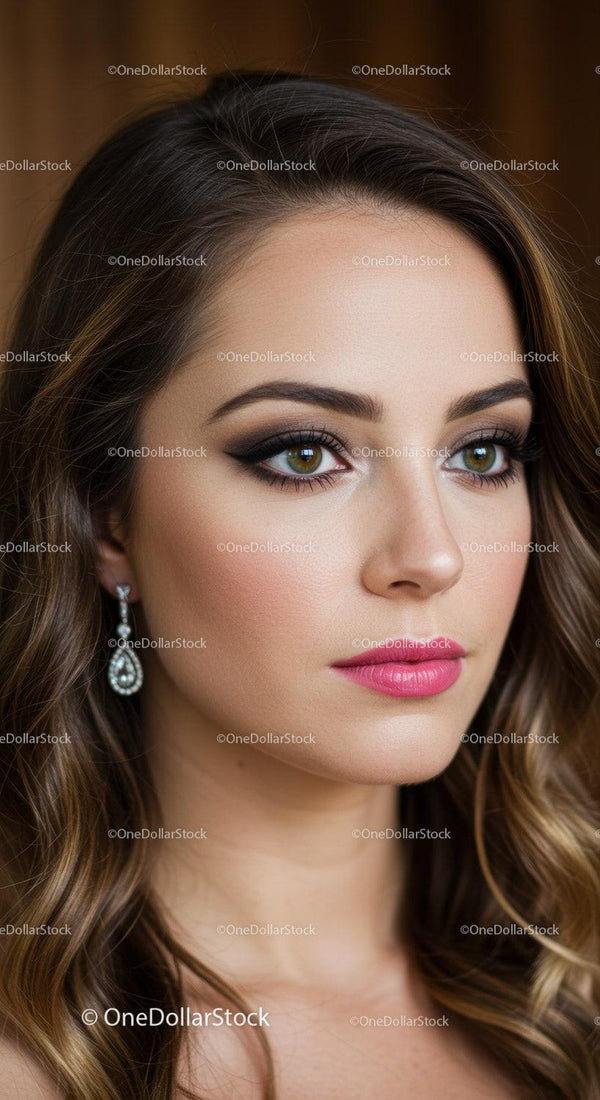 Elegant Young Woman with Wavy Hair and Glamorous Makeup