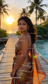 Elegant woman in patterned sari at tropical sunset pier