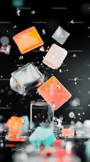 Colorful Ice Cubes Falling for Refreshing Summer Beverage