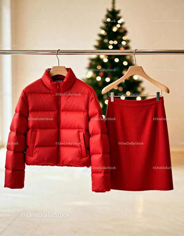 Red winter jacket and skirt on clothes hanger indoors