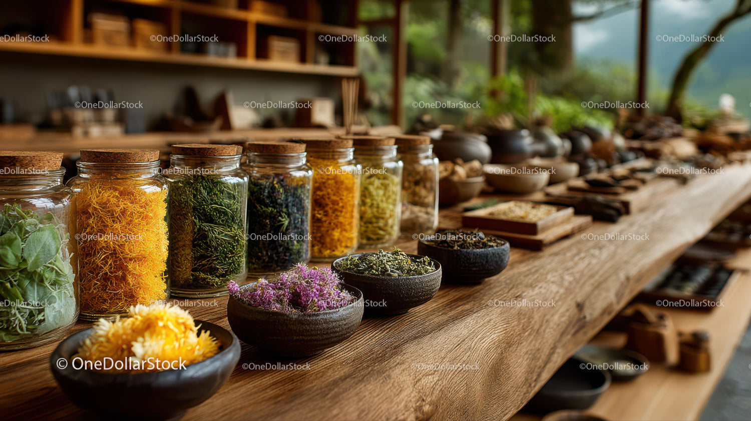 Colorful Spice and Herb Display in Rustic Kitchen with Glass Jars