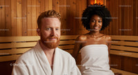 Relaxing Sauna Session With Smiling Man and Woman in Towels