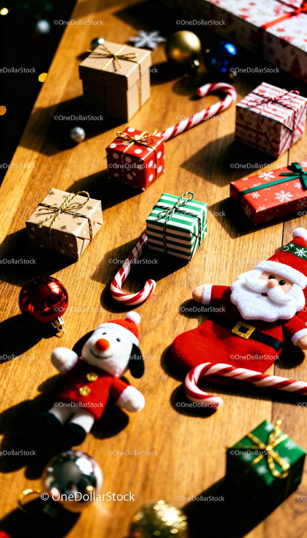 Christmas gifts and festive decorations on wooden table
