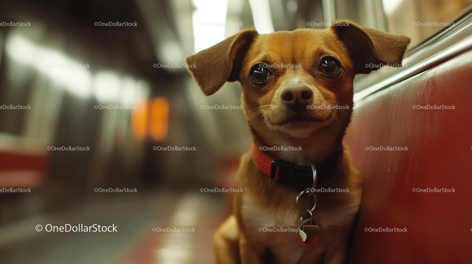 Curious Small Brown Puppy Sitting Near Red Train Wall
