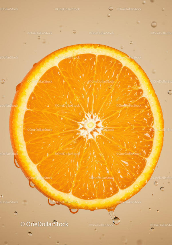 Fresh orange slice with water droplets on beige background
