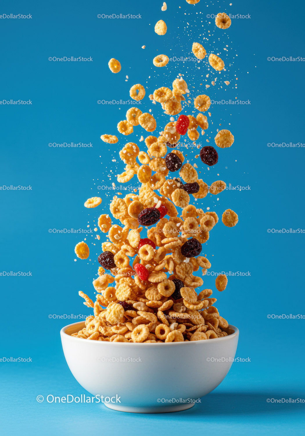Flying Breakfast Cereal and Dried Fruits Over White Bowl
