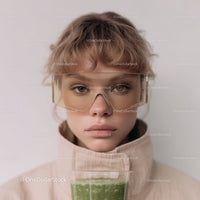 Young Woman Wearing Sunglasses Enjoying Green Smoothie in Modern Setting
