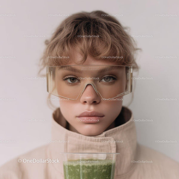 Young Woman Wearing Sunglasses Enjoying Green Smoothie in Modern Setting