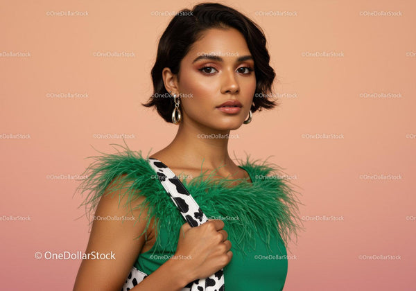 Elegant Woman in Green Dress with Feather Details and Jewelry
