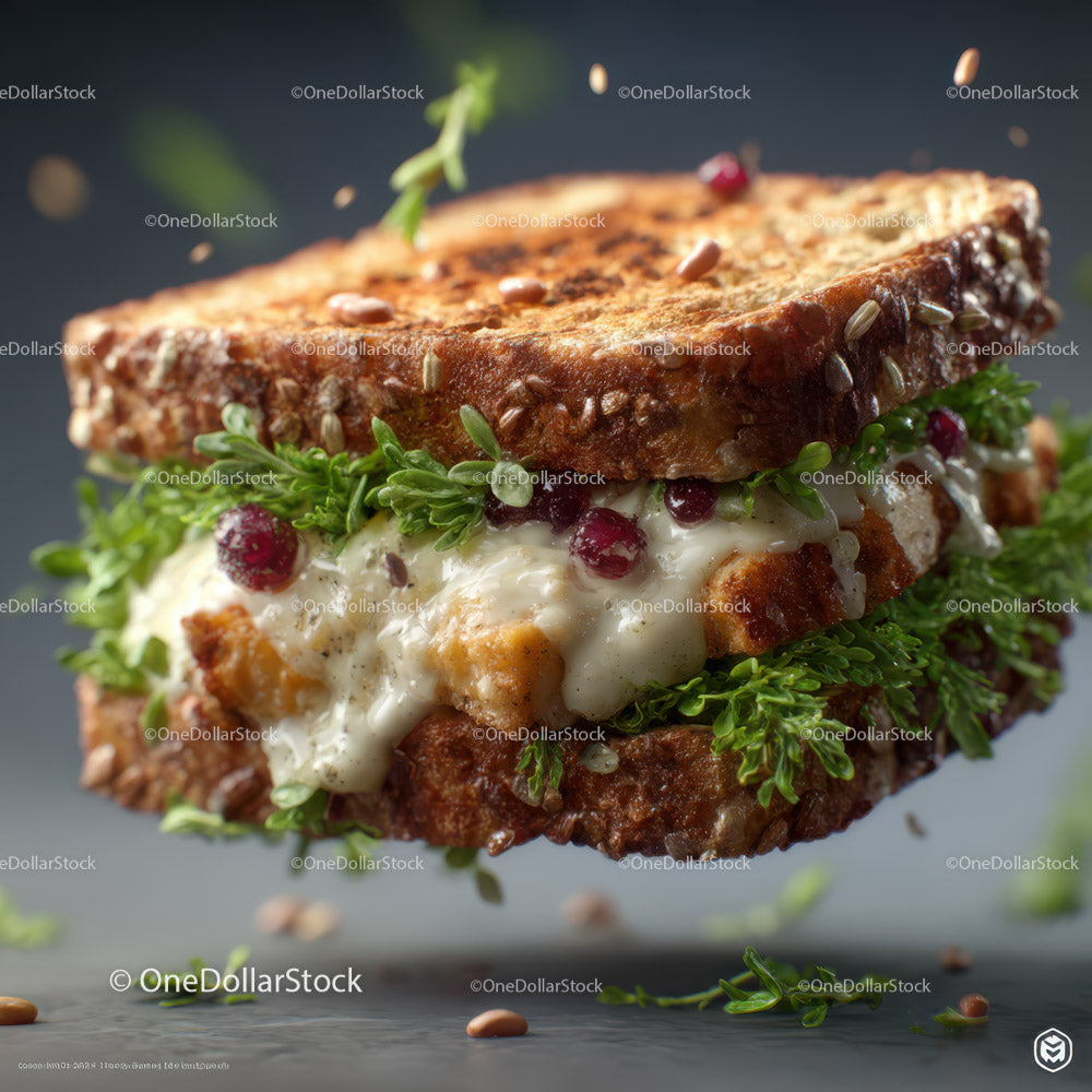 Close-up of Gourmet Sandwich with Greens and Pomegranate