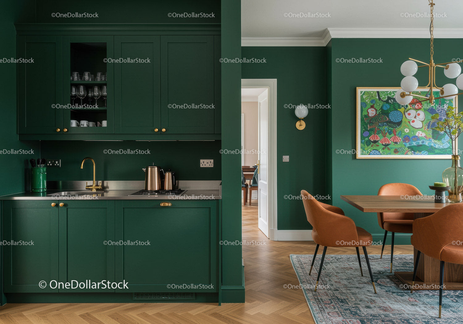 Elegant Green Kitchen and Cozy Dining Area with Artful Decor