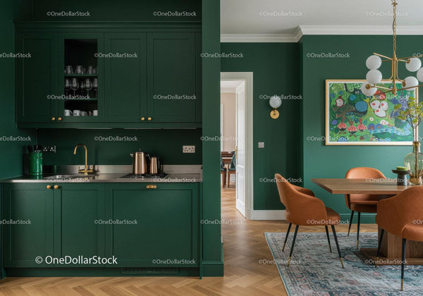 Elegant Green Kitchen and Cozy Dining Area with Artful Decor