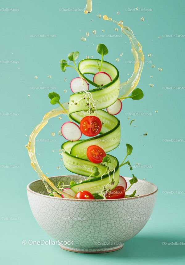 Fresh cucumber spiral with cherry tomatoes and radishes in bowl