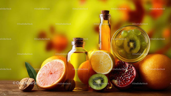 Colorful Assorted Fruits with Juicy Citrus and Kiwi on Wooden Table