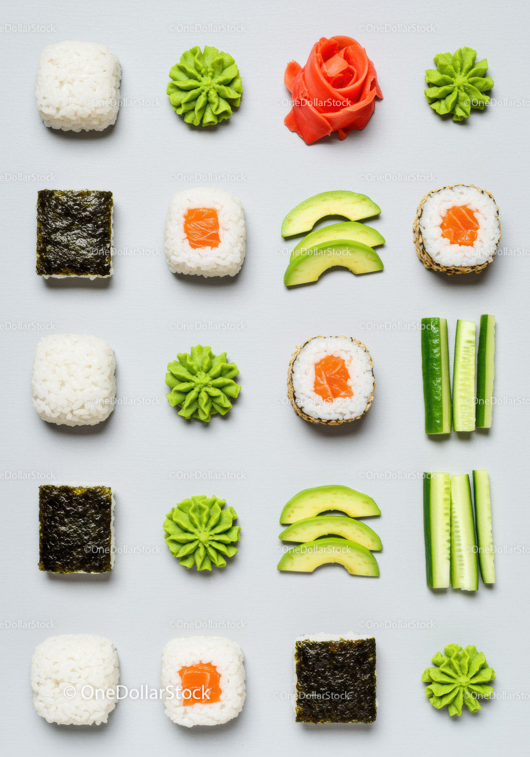 Różnorodne rolki sushi i wzór świeżych składników