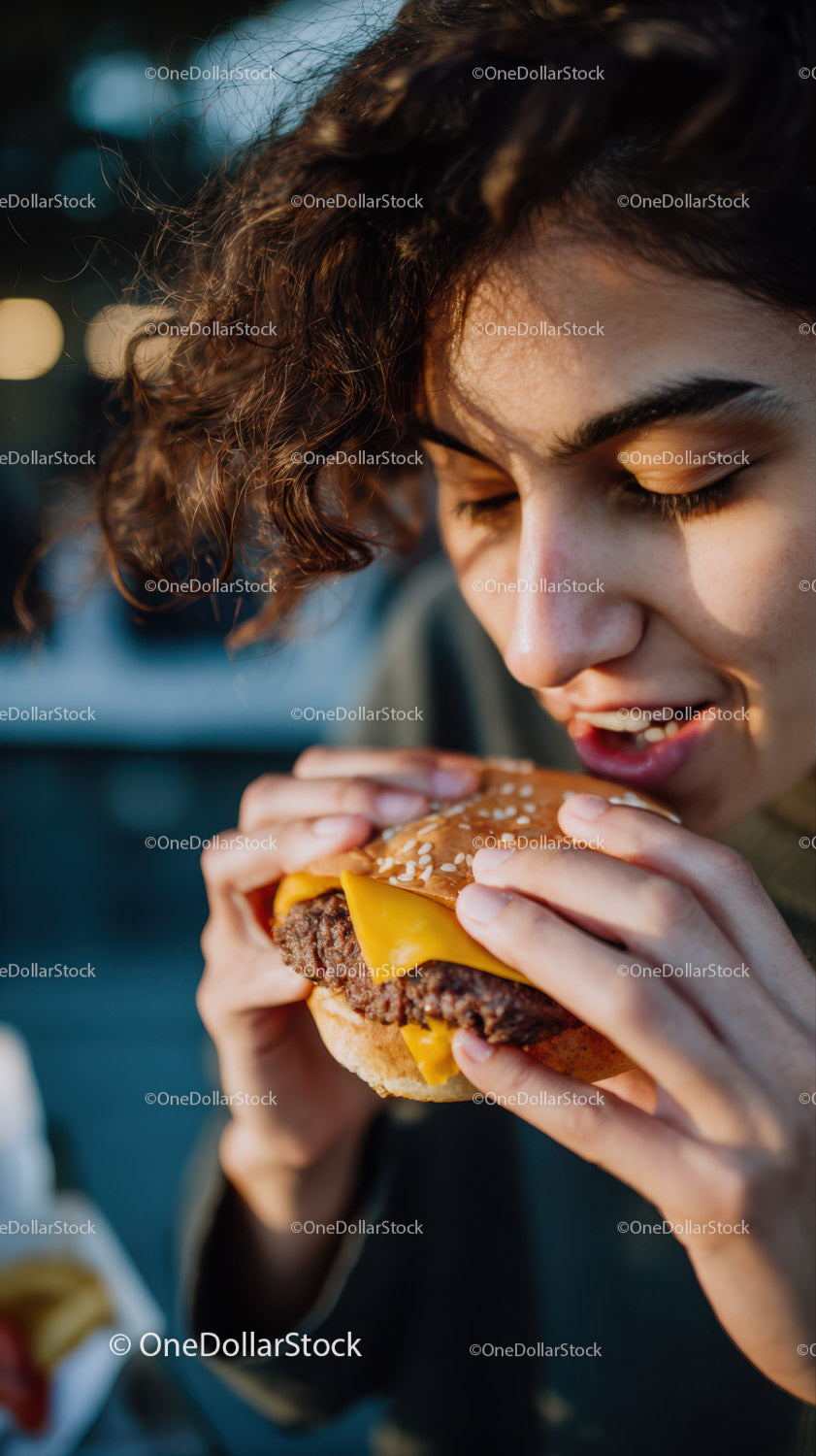 Młoda kobieta delektuje się soczystym cheeseburgerem z sałatą i serem