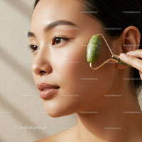 Close-Up of Woman Using Jade Roller for Face Massage and Skin Care