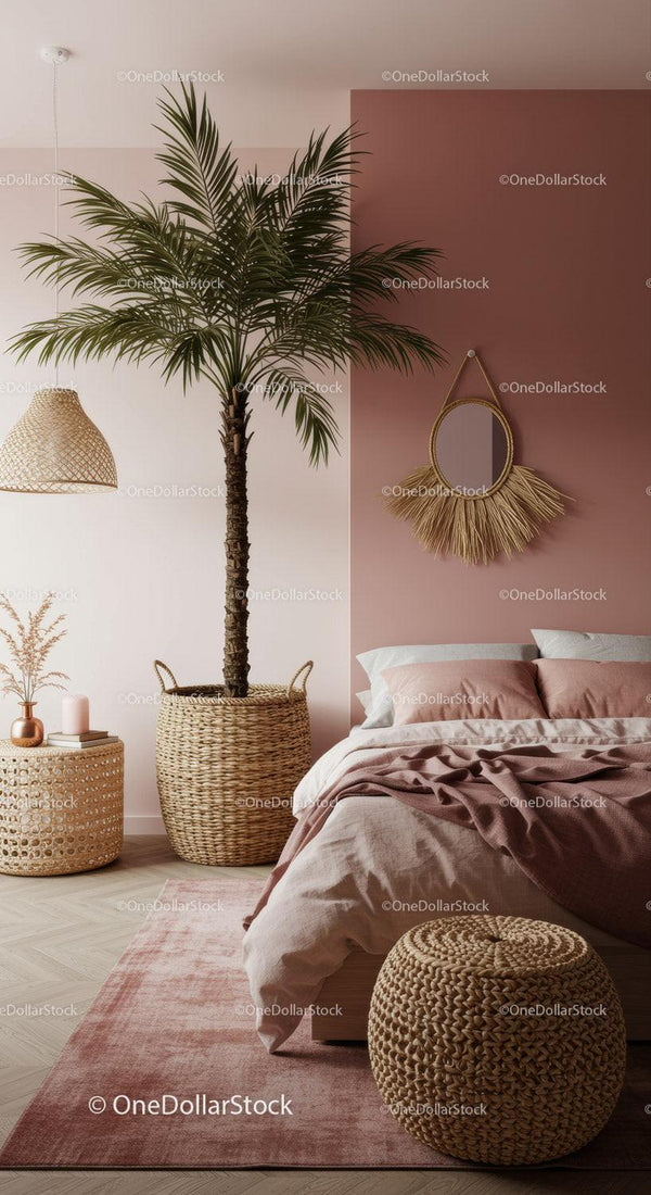 Trendy Bohemian Bedroom with Large Palm and Rattan Decor